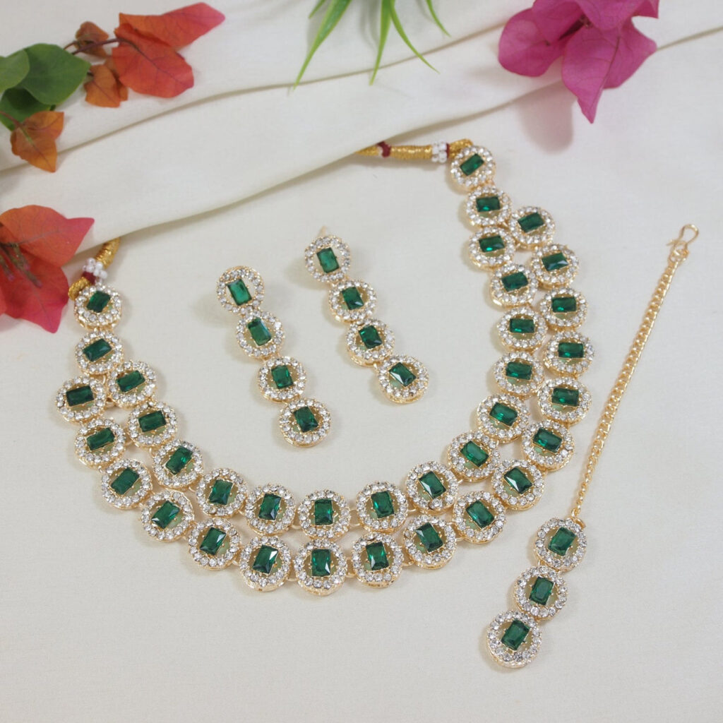 Gold Plated Layered Necklace with Crystal Diamonds for Women | Bridal Jewellery India