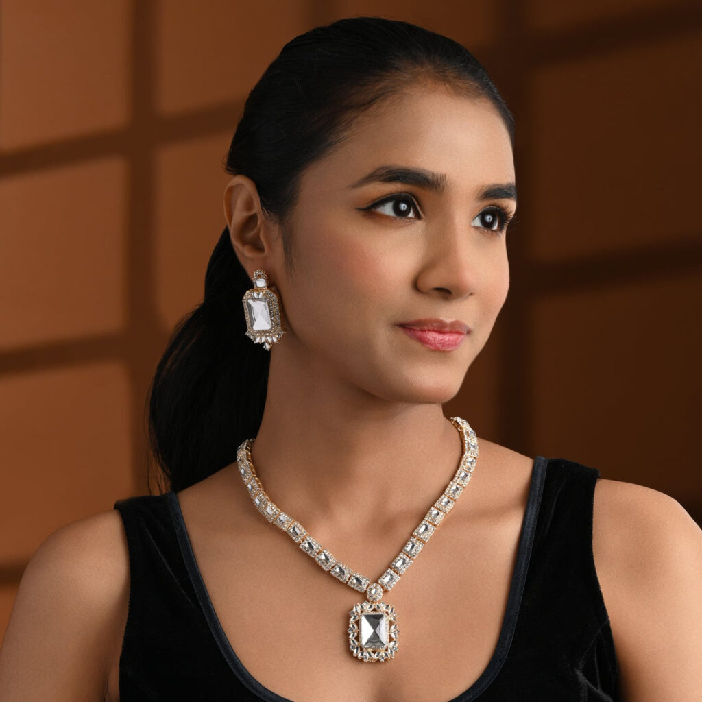 Classic Square Motif Necklace in Gold Plated for Women | Bridal Jewellery India