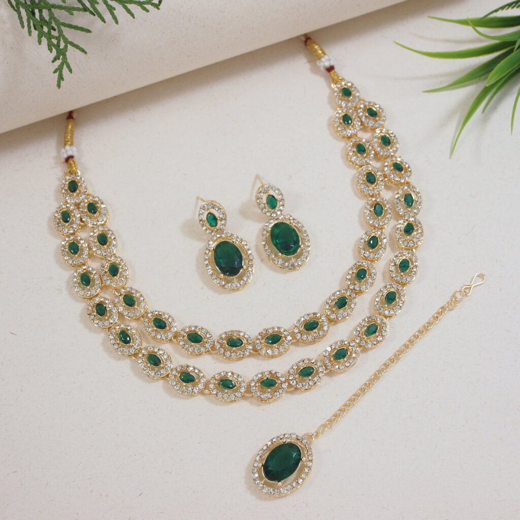 Oval Gold Plated Crystal Diamond Necklace with Earrings | Bridal Jewellery India