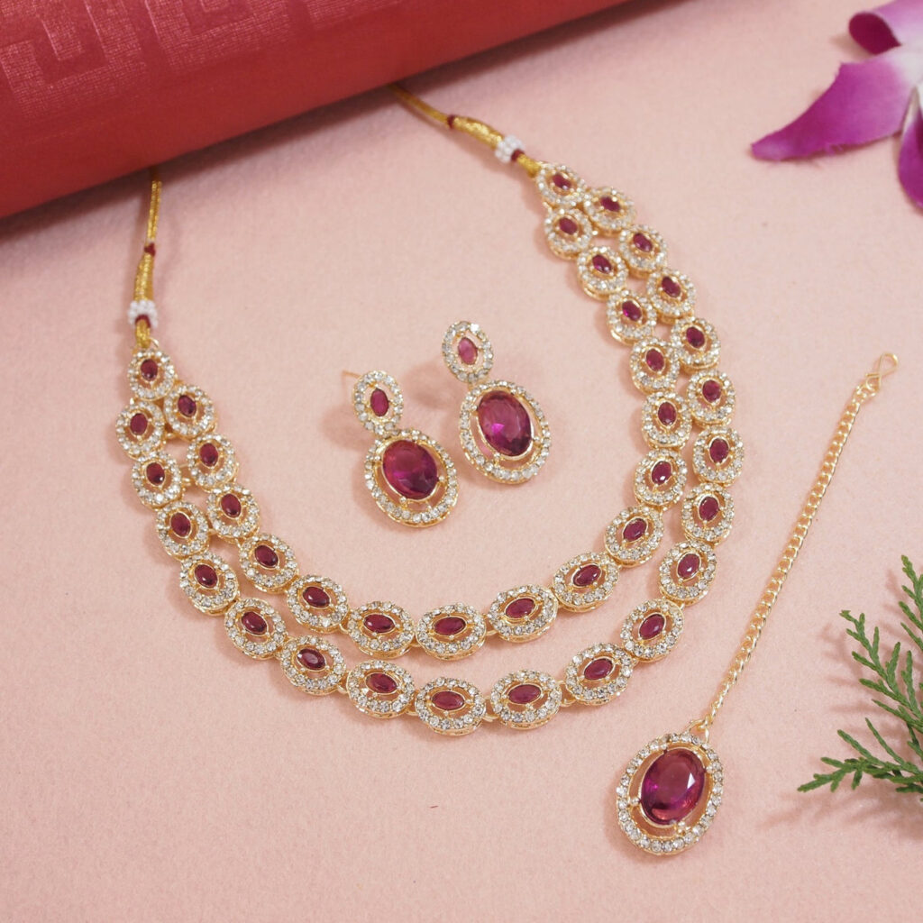 Oval Gold Plated Crystal Diamond Necklace with Earrings | Bridal Jewellery India