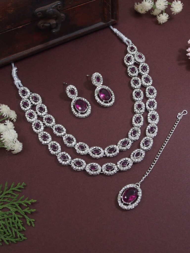 Crystal Diamond Necklace in Silver with Maang Tikka | Bridal Jewellery India