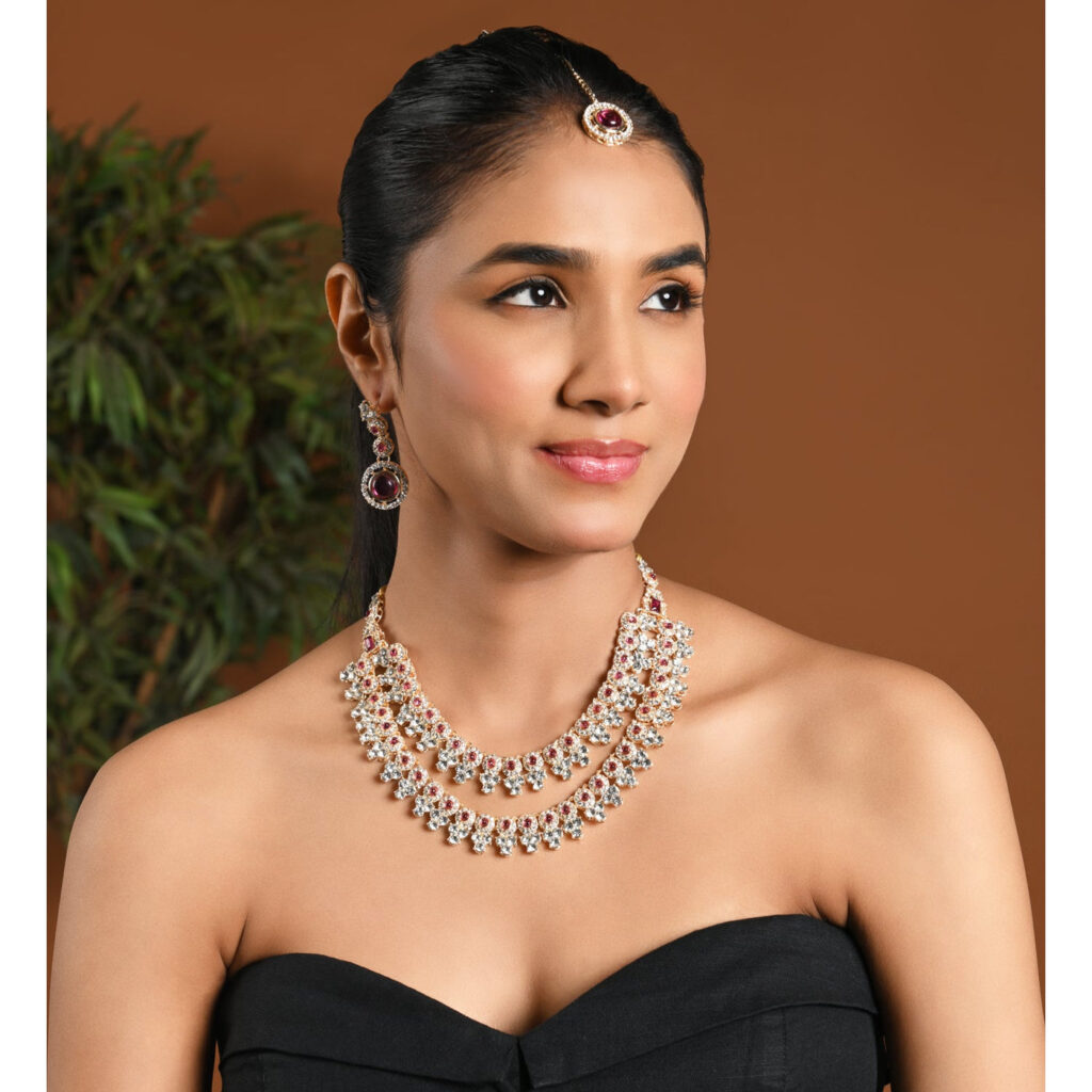 Gold Plated Crystal Diamond Necklace Set | Bridal Jewellery India