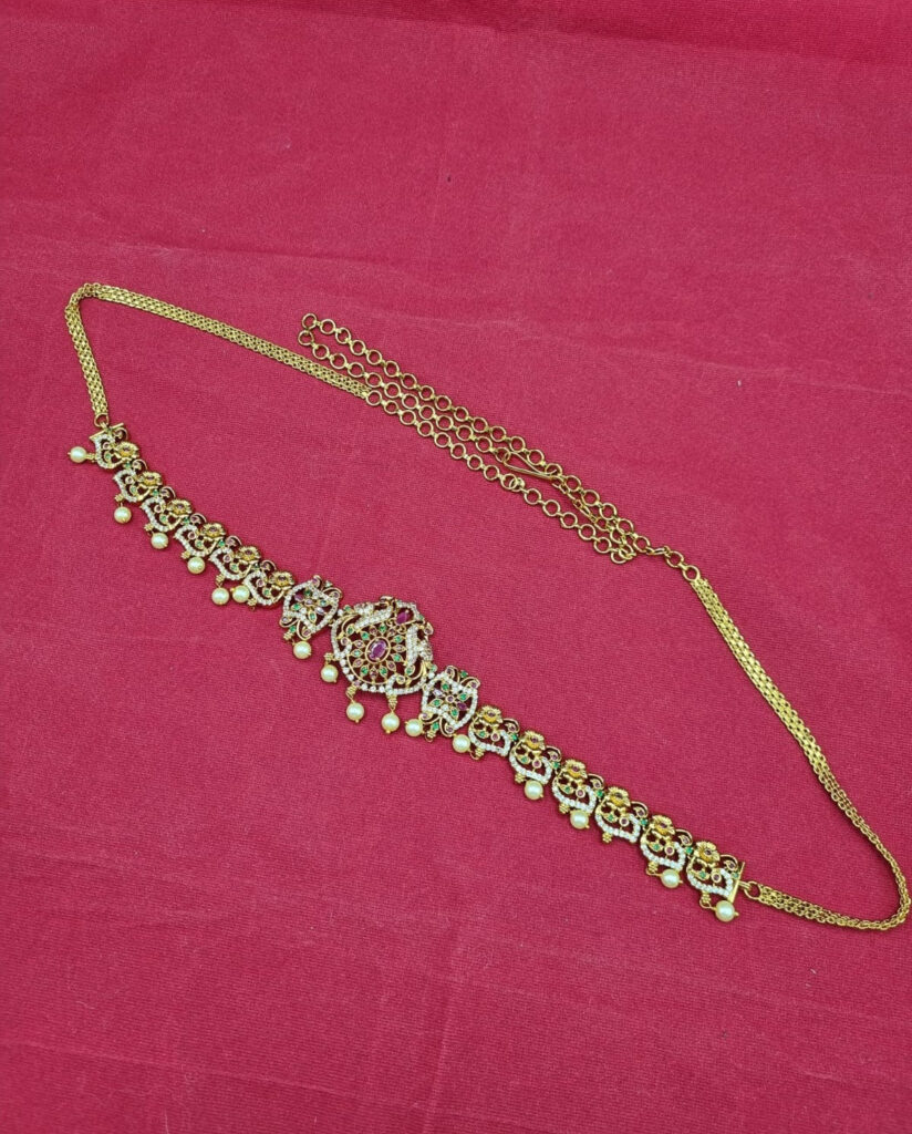 Ethnic Rose Gold Plated Waist Belt with Pearl Drops | Bridal Jewellery India