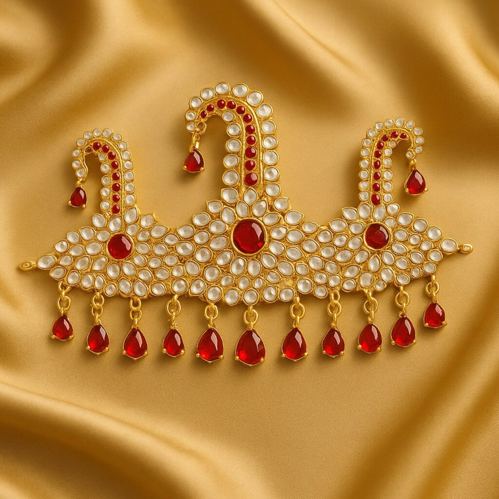 Gold Plated Turban Brooch with Red Stones and Beads for | Bridal Jewellery India