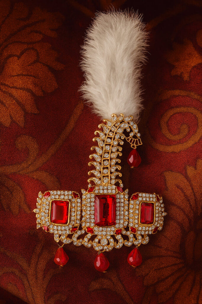 Gold Plated Men’s Turban Pin with Red White Crystals | Bridal Jewellery India