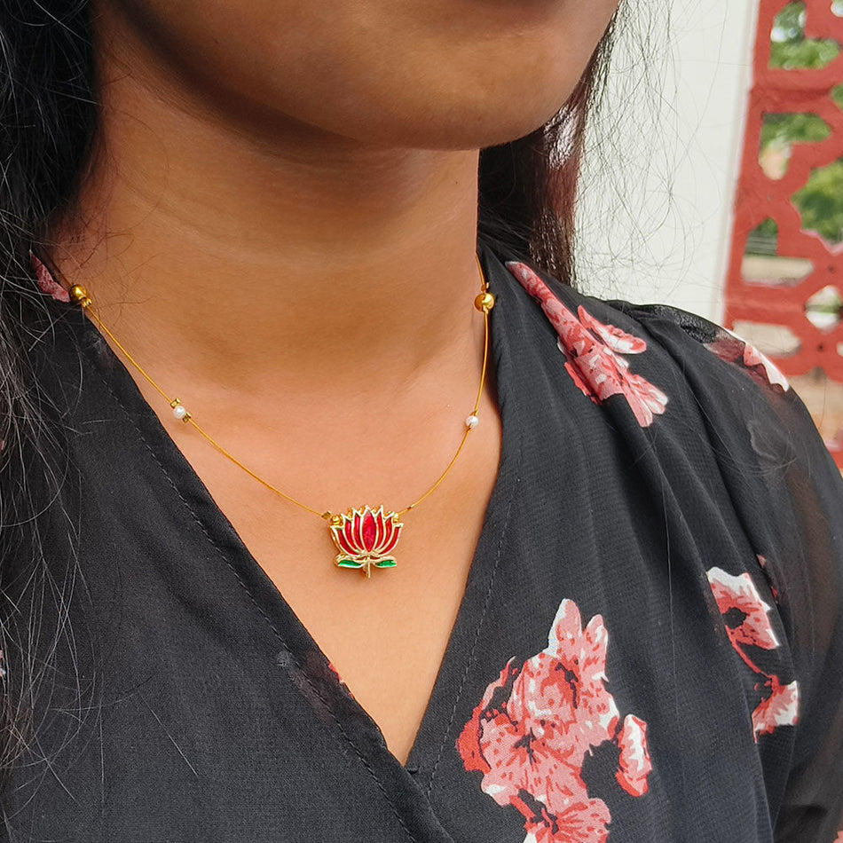 Red Lotus Necklace in Rose Gold Plated | Bridal Jewellery India