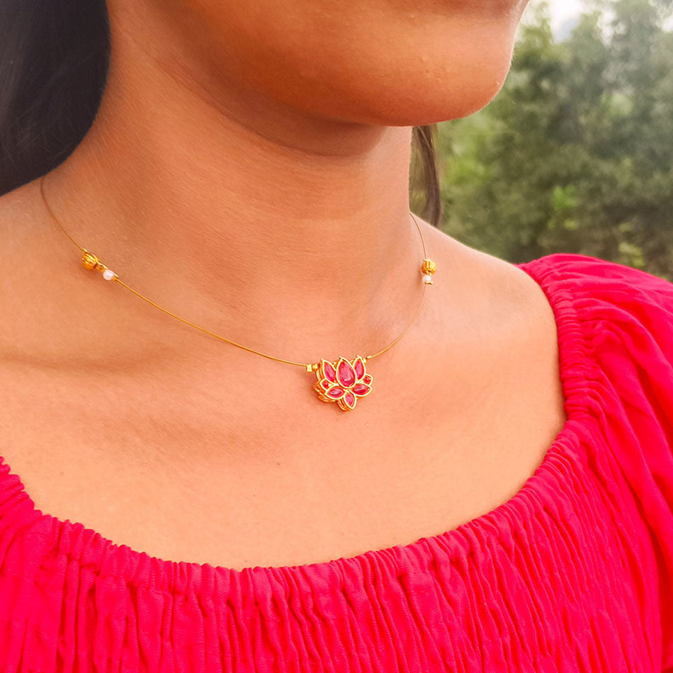 Lightweight Pink Lotus Pearl Necklace in Silver | Bridal Jewellery India