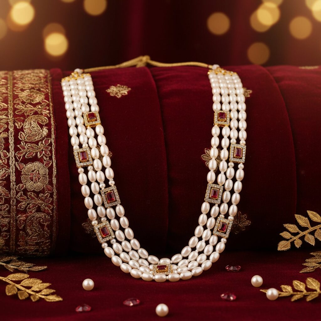 Multi Layered Pearl Mala Necklace in Sterling Silver | Bridal Jewellery India
