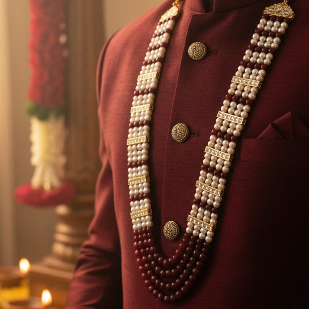 Multi Pearl Maroon Necklace for Men | Bridal Jewellery India
