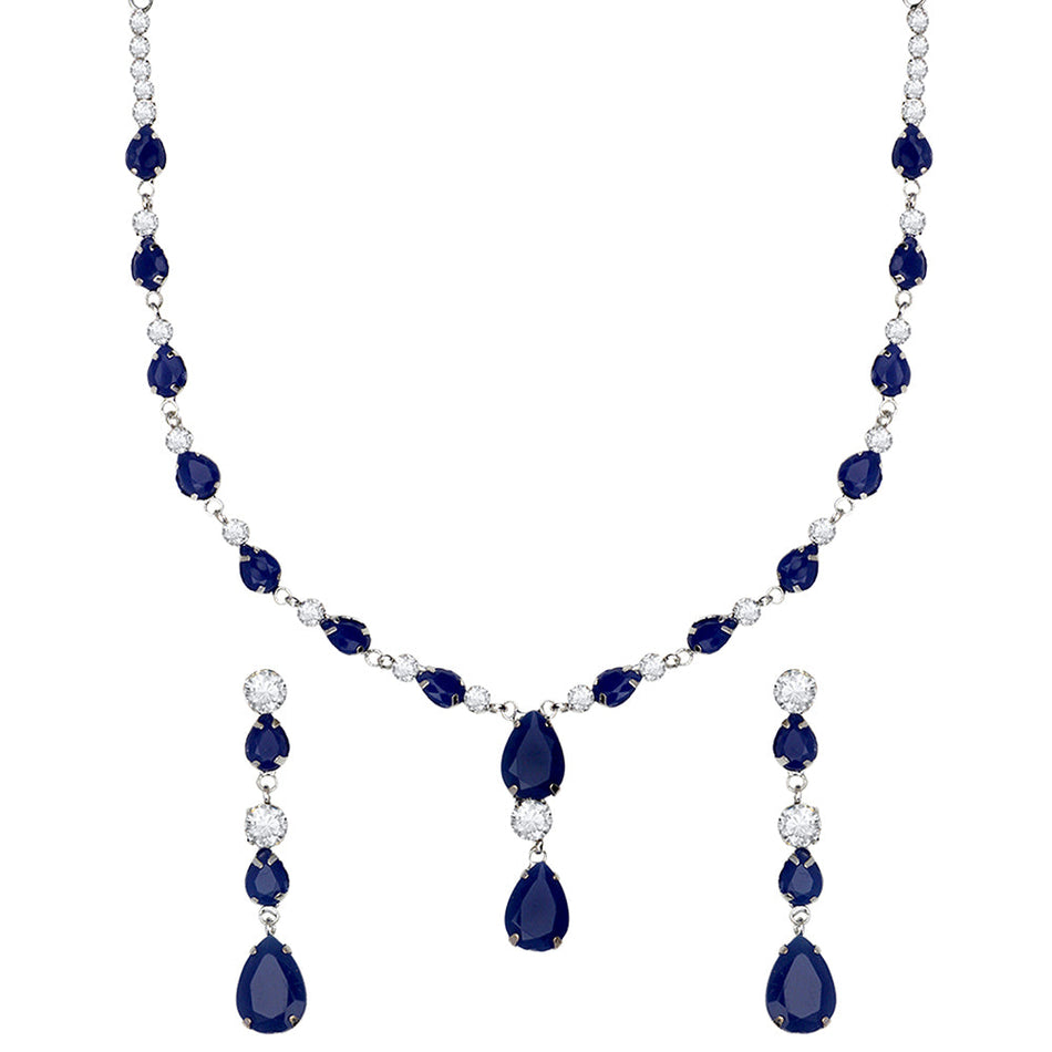Cute Dark Blue Crystals Necklace in Rhodium | Bridal Jewellery India