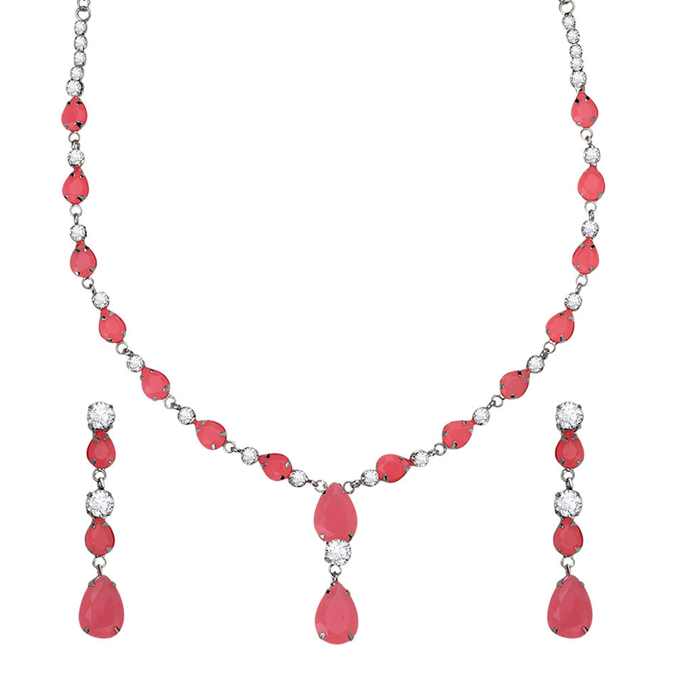 Pink Crystals Necklace in Rhodium Plated for Women | Bridal Jewellery India