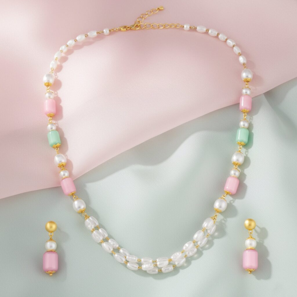 Pearl Bead Layered Necklace in Gold Plated | Bridal Jewellery India