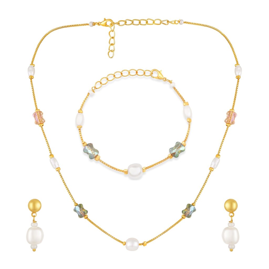 Gold Plated Pearl Crystal Necklace Women Occasion | Bridal Jewellery India