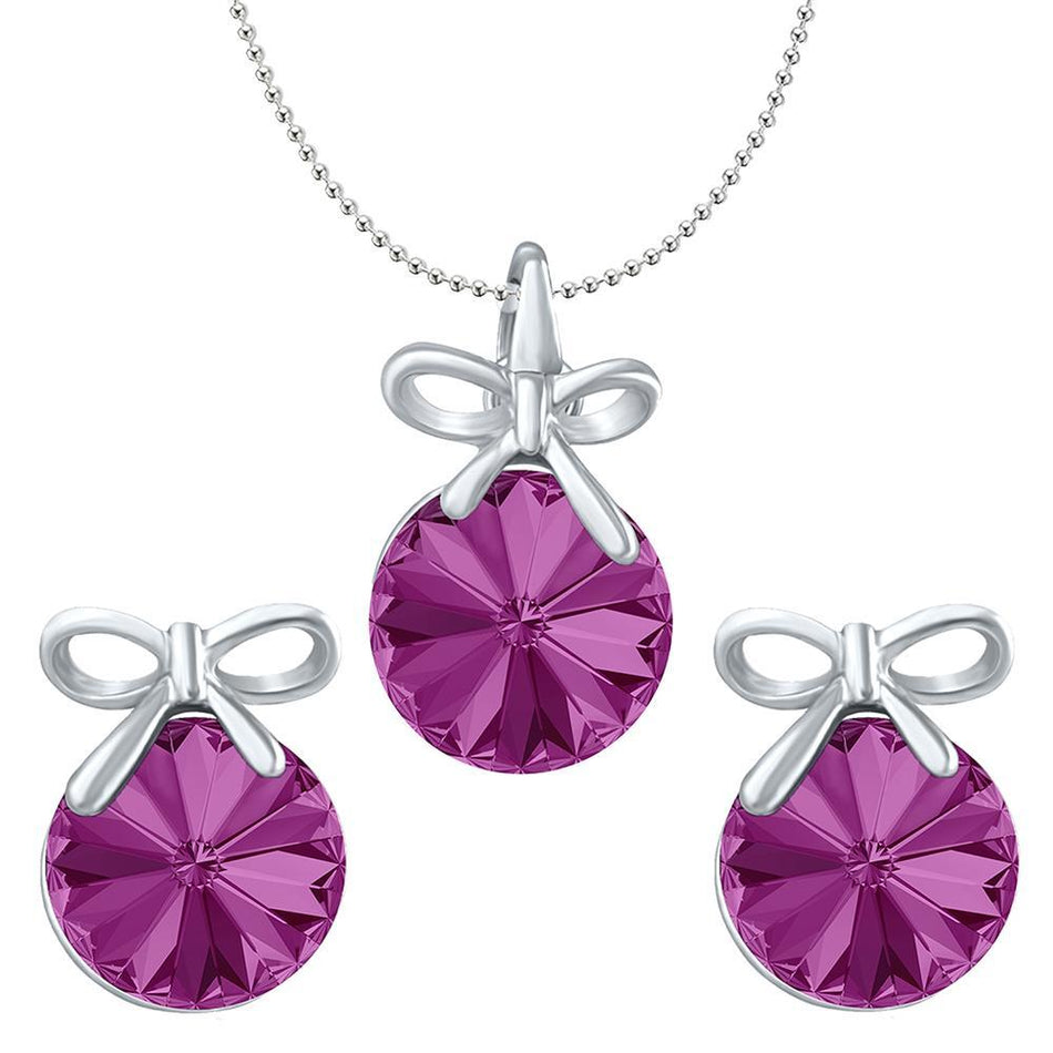 Fushia Bow Pendant in Rhodium with Swarovski Crystals for | Bridal Jewellery India