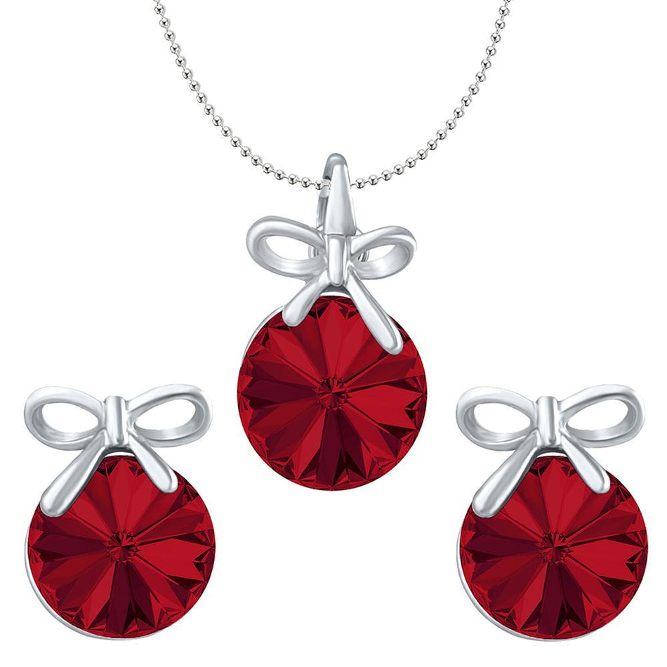 Light Red Swarovski Crystals Rhodium Plated Bow Pendant for | Bridal Jewellery India