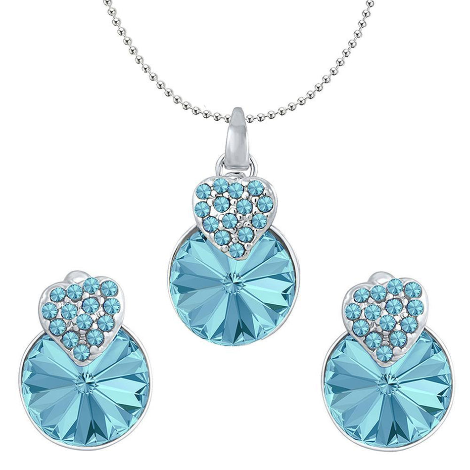 Heart Pendant Set in Rhodium Silver with Aqua Blue | Bridal Jewellery India