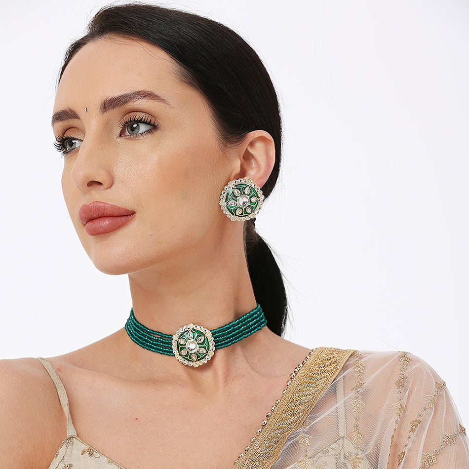 Gold Plated Green Meenakari Choker Necklace for Women | Bridal Jewellery India