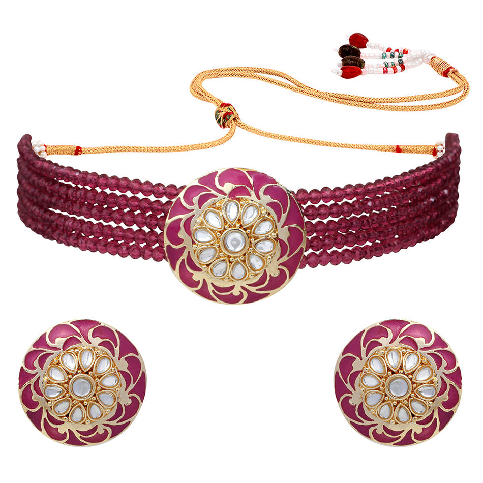 Maroon Mee Work Choker Necklace in Gold Plated | Bridal Jewellery India