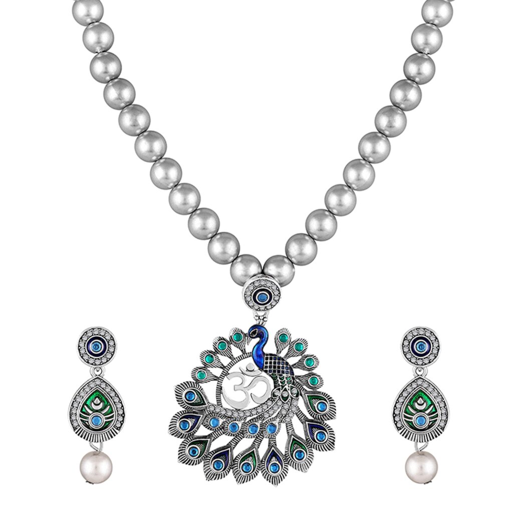 Oxidised Silver Peacock Necklace with Pearl Earrings | Bridal Jewellery India