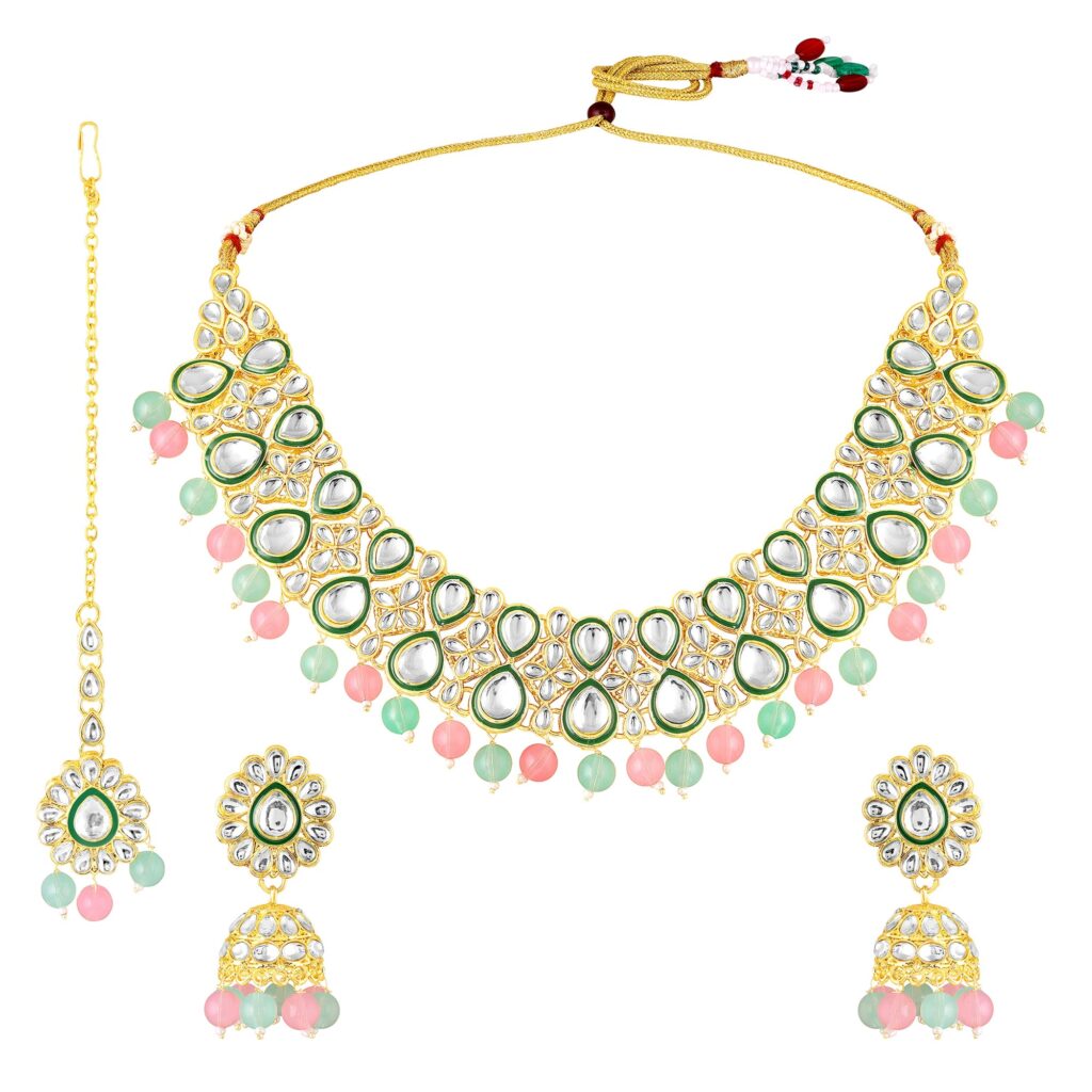 Kundan Choker Necklace in Silver with Glass Beads | Bridal Jewellery India