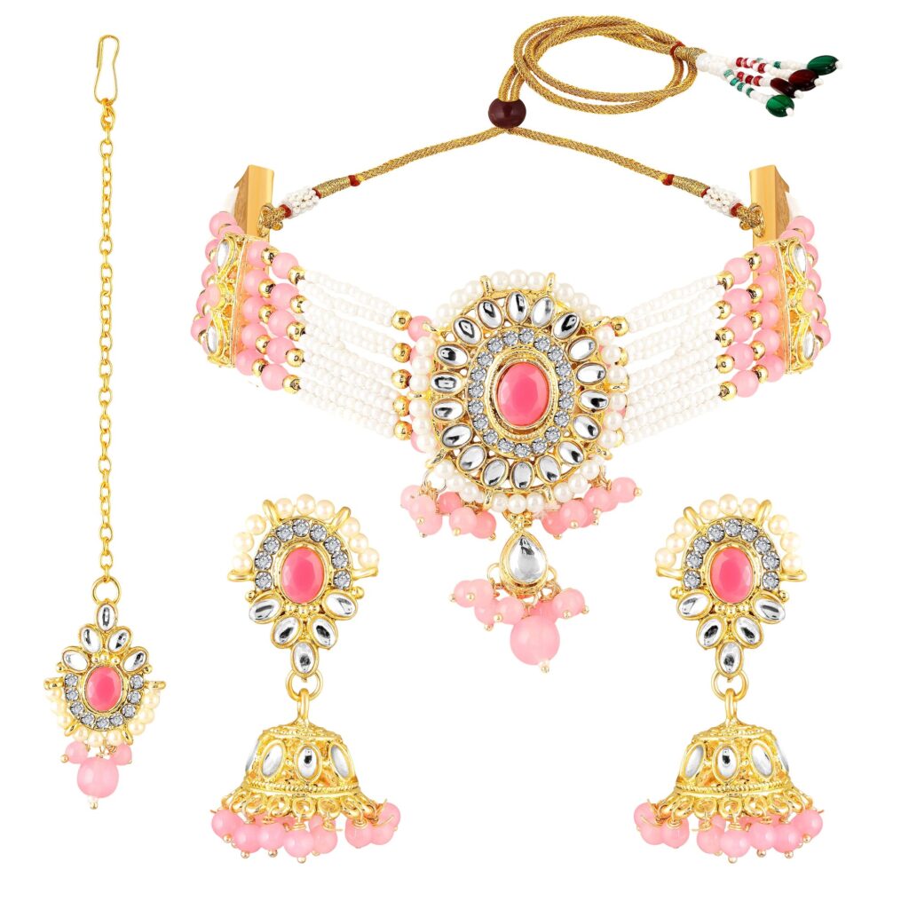 Kundan Choker in White Gold Plated with Glass Beads | Bridal Jewellery India