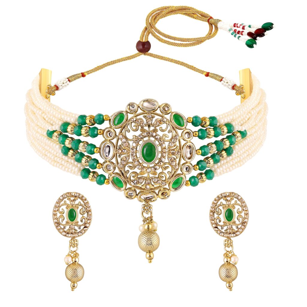 Kundan Choker Necklace in Gold Plated with Pearls for Bridal Wear | Bridal Jewellery India