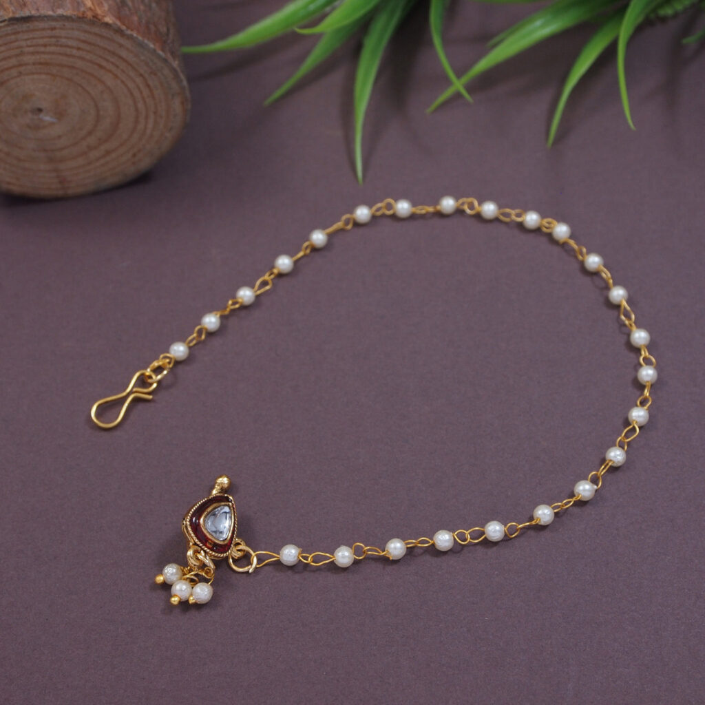 Pearl Chain Nose Ring in Gold Plated | Bridal Jewellery India