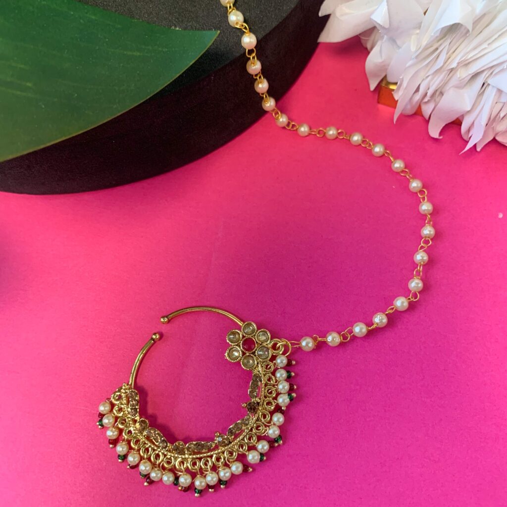 Gold Plated Nose Ring with Pearl Chain | Bridal Jewellery India