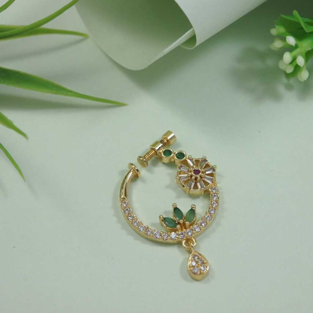Gold Plated Drop CZ Nose Ring Women | Bridal Jewellery India