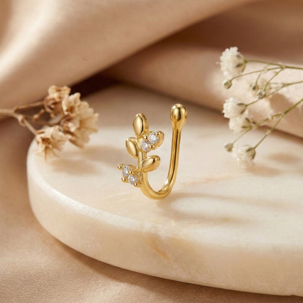 Gold Plated White Crystals Leaf Shaped Nose Ring Women | Bridal Jewellery India