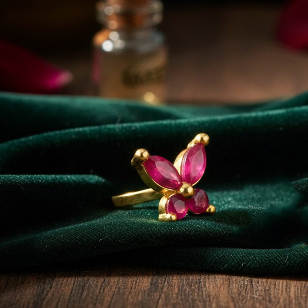 Gold Tone Red Ruby Floral Nose Ring for Women | Bridal Jewellery India