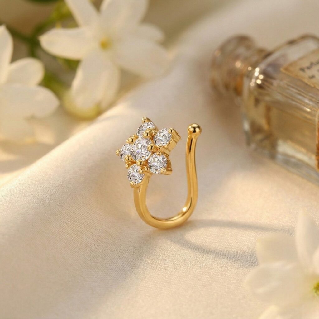 Floral Nose Ring in Gold Tone | Bridal Jewellery India