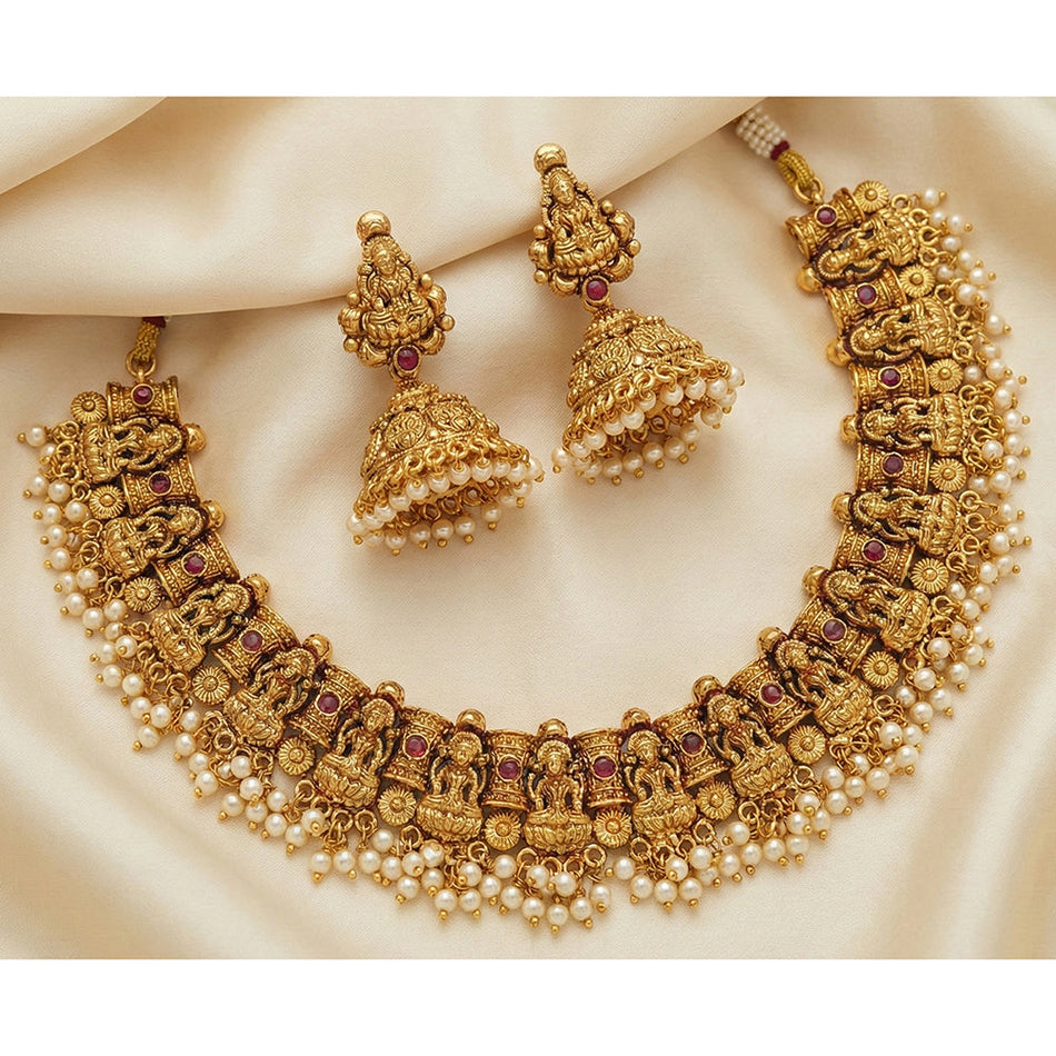 Matte Gold Plated Temple Necklace with Pota Stone Pearl | Bridal Jewellery India
