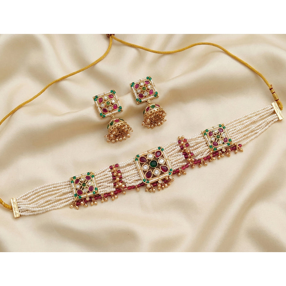 High Gold Plated Pota Stone Pearl Choker Necklace | Bridal Jewellery India