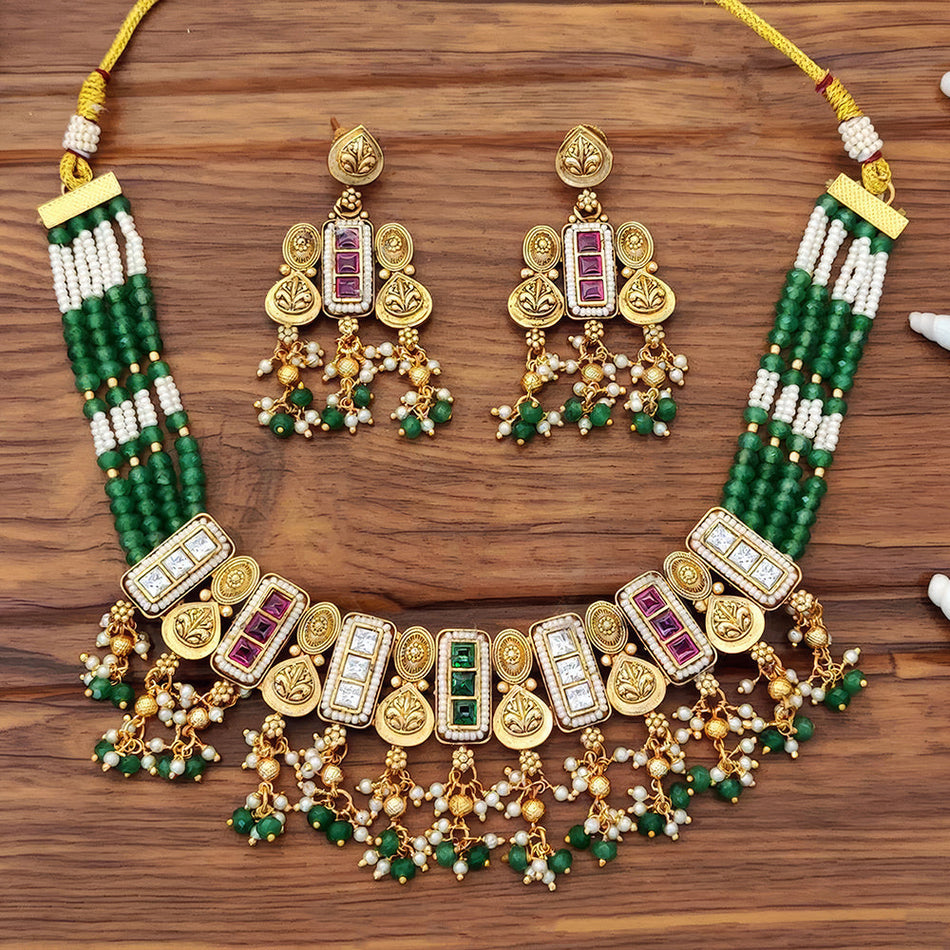 Pota Stone Choker Necklace in Oxidised Silver | Bridal Jewellery India