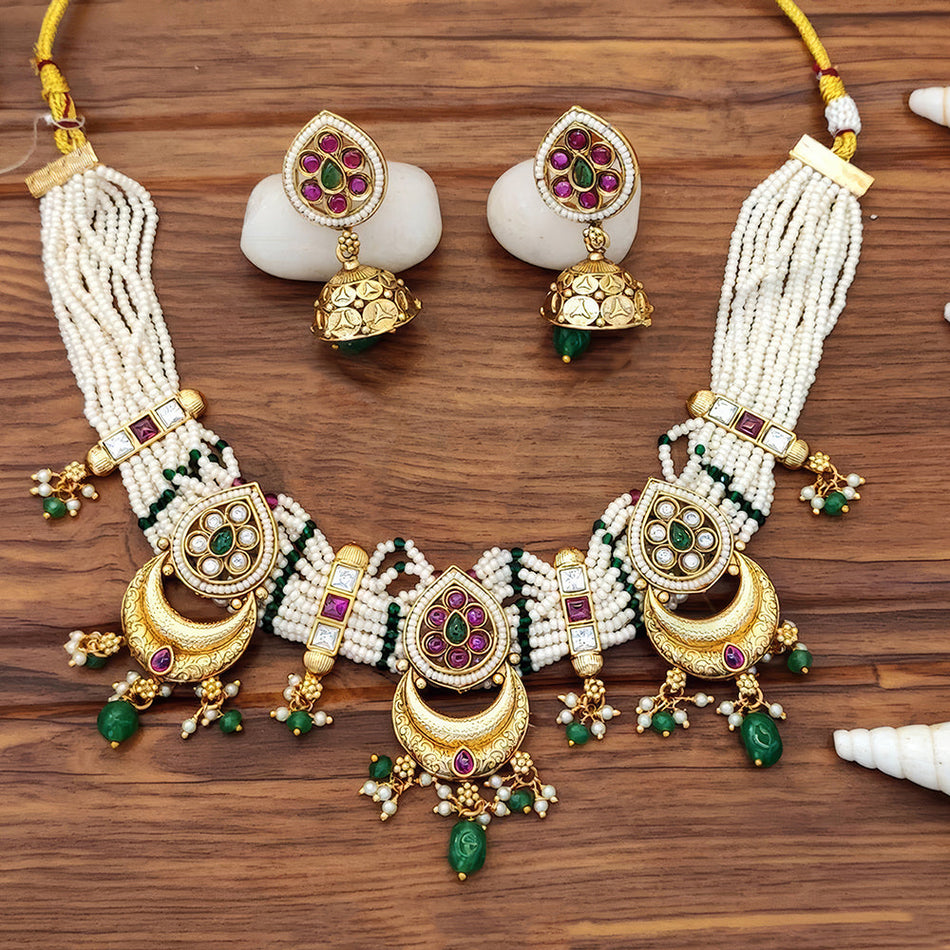 Rajwadi Stone and Pearl Choker in Gold Plated | Bridal Jewellery India