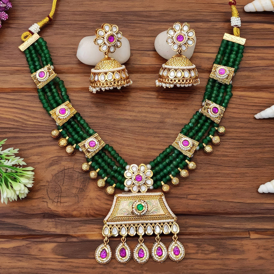 Rajwadi Stone Pearl Necklace in Gold Plated | Bridal Jewellery India