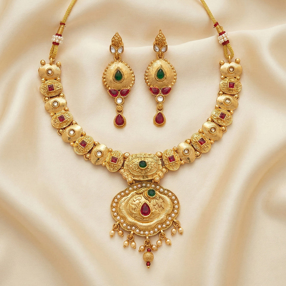 High Gold Plated Pota Stone Pearl Necklace Set | Bridal Jewellery India