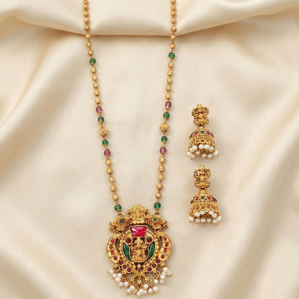 Rajwadi Temple Necklace in Gold Plated with Pearl Stones | Bridal Jewellery India