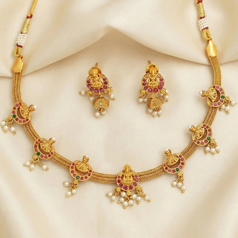 Matte Gold Plated Temple Choker with Pota Stones Pearls | Bridal Jewellery India