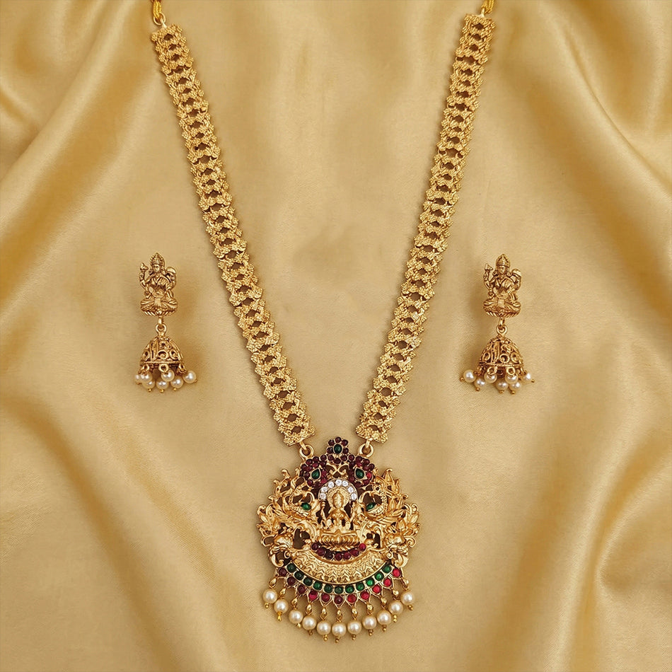 Matte Gold Plated Cluster Pearl Laxmi Temple Necklace | Bridal Jewellery India