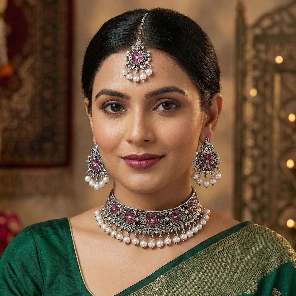 Oxidised Silver Clustered Pearl Choker | Bridal Jewellery India