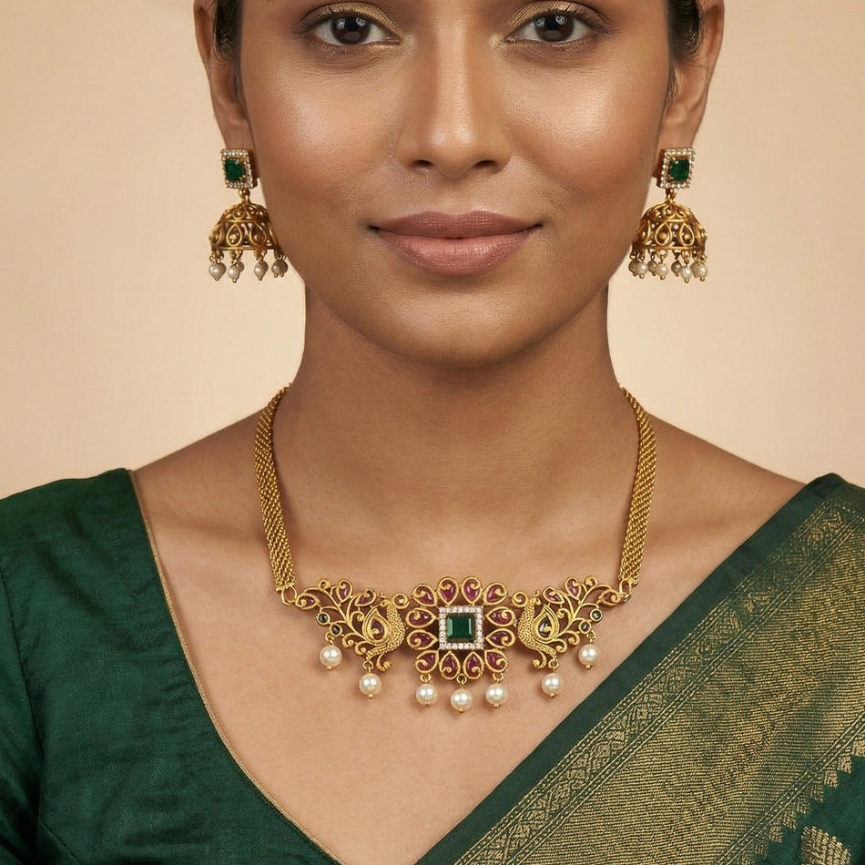 Matte Gold Plated Necklace Set for Party Wear | Bridal Jewellery India