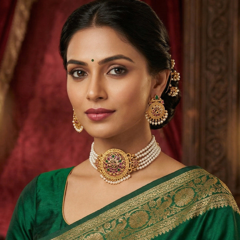 Matte Gold Plated Choker Necklace for Parties | Bridal Jewellery India