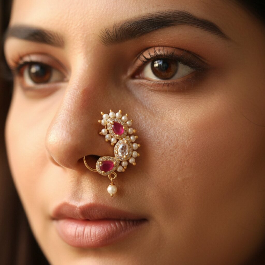 High Gold Plated Nath with Full Stone | Bridal Jewellery India