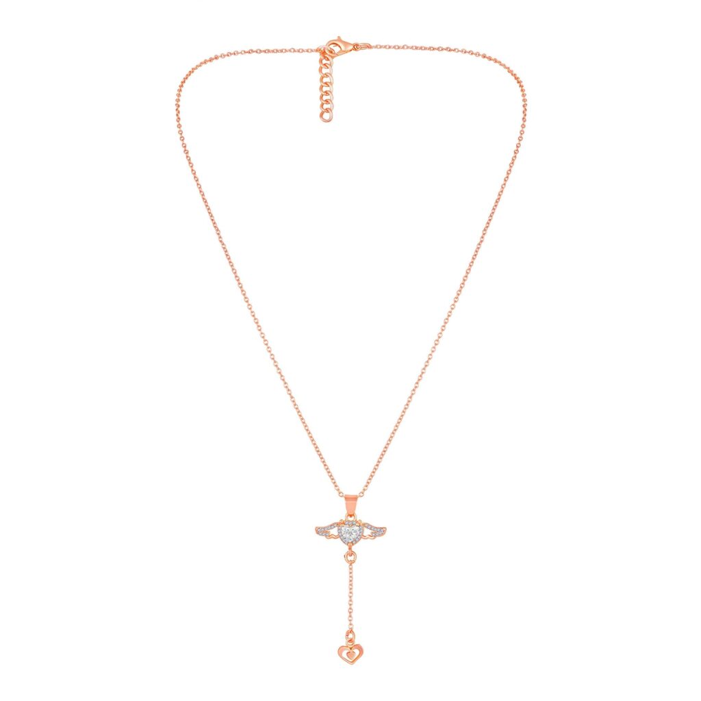 Rose Gold Plated Heart Lariat Necklace with Winged Charm | Bridal Jewellery India