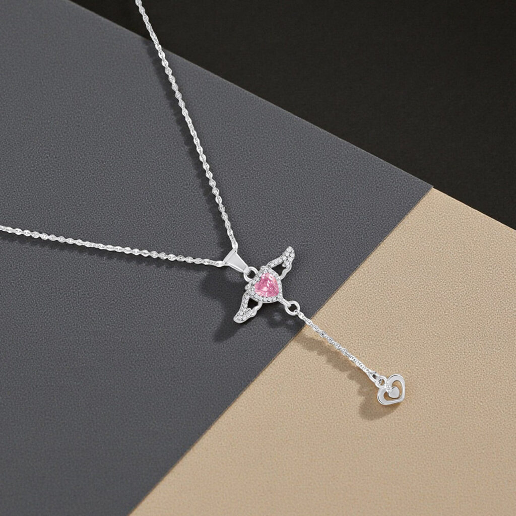 Winged Heart Lariat Necklace in Silver | Bridal Jewellery India