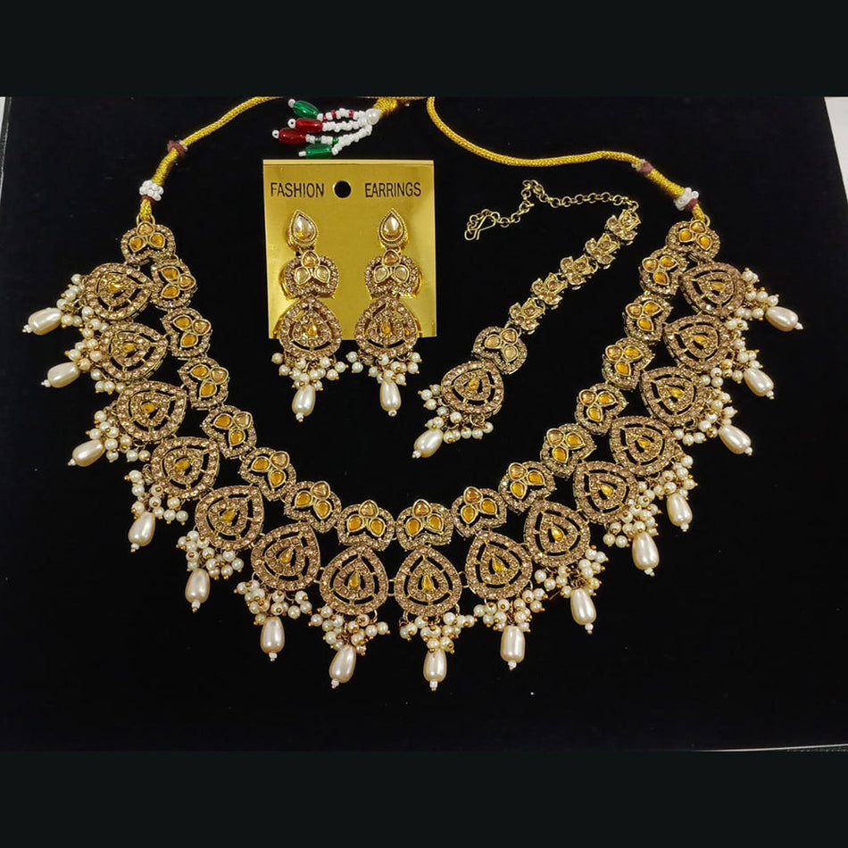 Crystal Stone   Pearl Necklace in  Gold Plated for Bridal Wear | Bridal Jewellery India