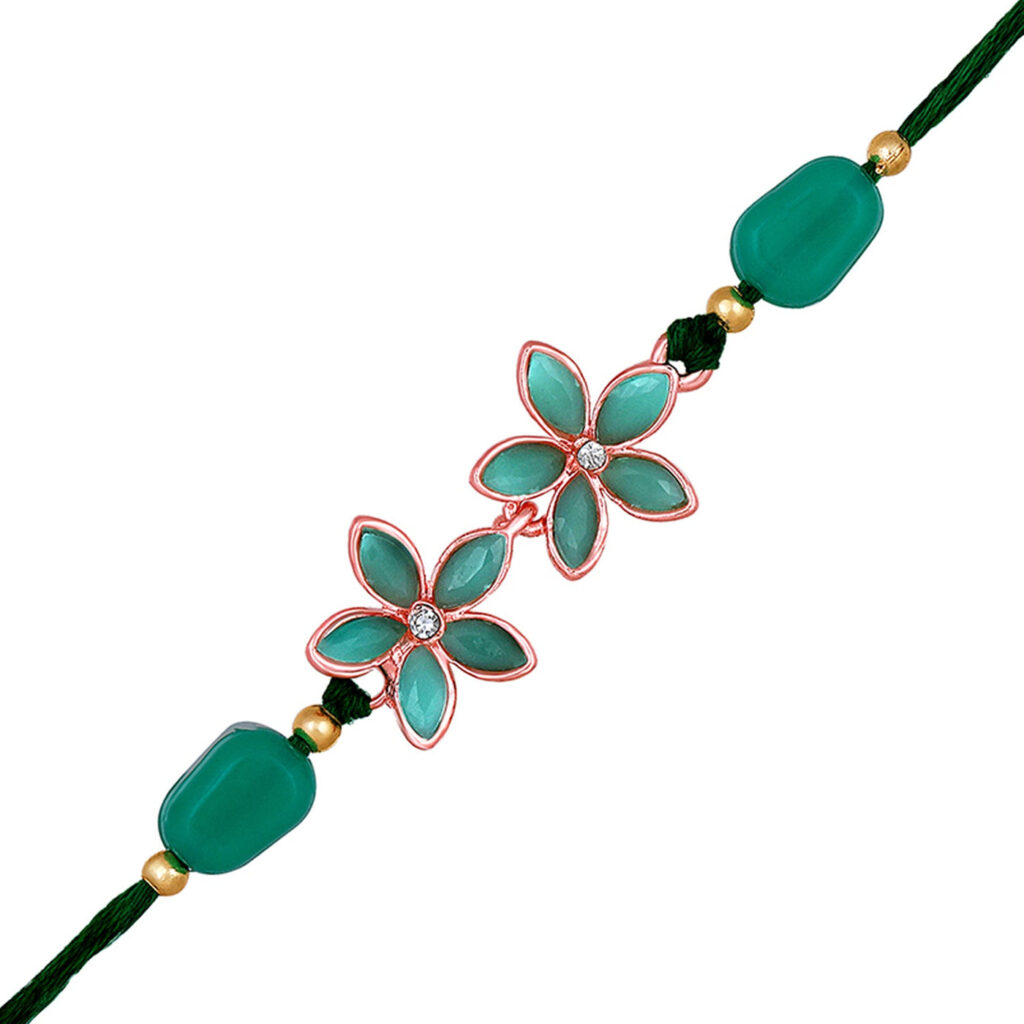 Rose Gold Plated Green Crystals Lumba Rakhi for Brother | Bridal Jewellery India