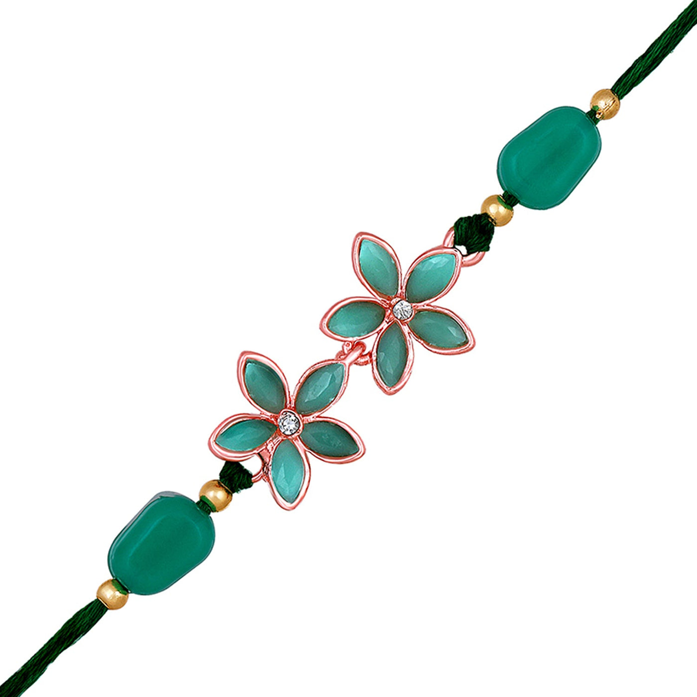 Rose Gold Plated Green Crystals Lumba Rakhi for Brother | Bridal Jewellery India